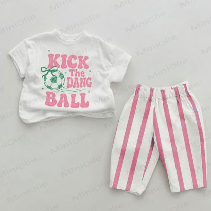 KICK THE DANG BALL Baby Girls Football Print Pink Vertical Striped 2-piece Set - White&Pink - 2-3T - image 1