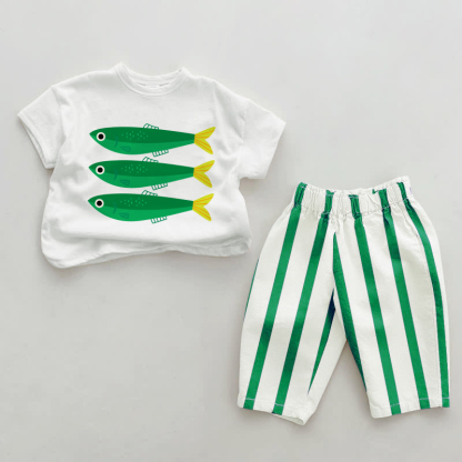 Baby Sardines Green Vertical Striped 2-piece Set - White&Green - 2-3T - image 1