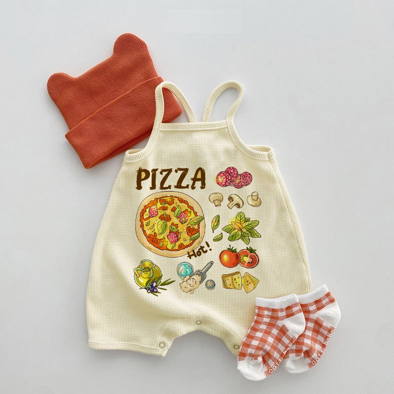 PIZZA HOT! Baby Food Print Beige Waffle Suspenders Romper - Beige - 18-24M - image 1