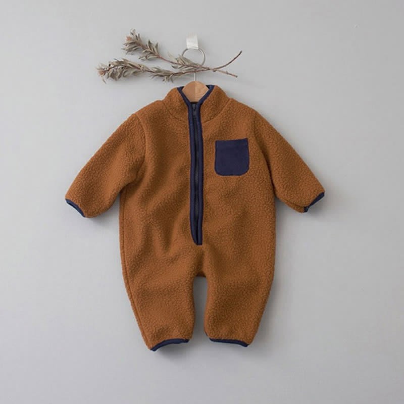 Baby Contrast Color Fleece Romper - Coffee - 18-24M - image 11