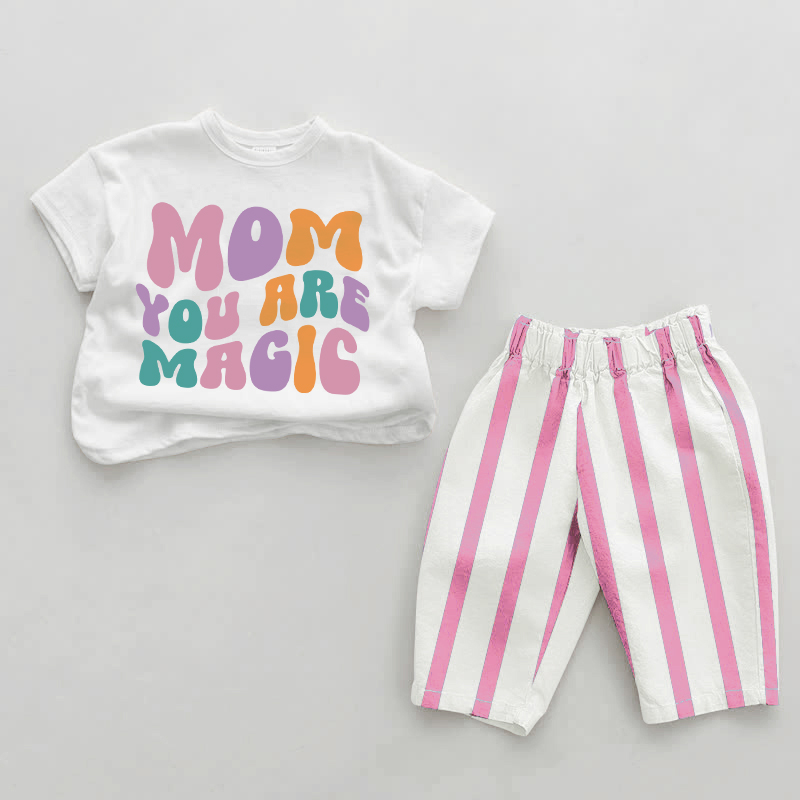 MOM YOU ARE MAGIC Baby Pink Slogan Vertical Striped 2-piece Set - White&Pink - 2-3T - image 1
