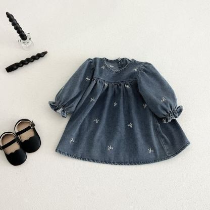 Girls Bow Embroidered Denim Dress - image 6