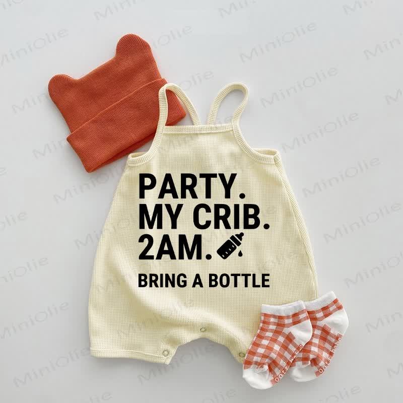PARTY. MY CRIB. 2AM. BRING A BOTTLE Baby Waffle Suspenders Romper - Beige - 18-24M - image 1
