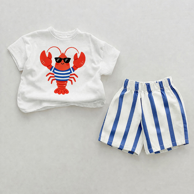 Baby Lobster Print Striped 2-piece Shorts Set - White&Blue - 2-3T - image 1