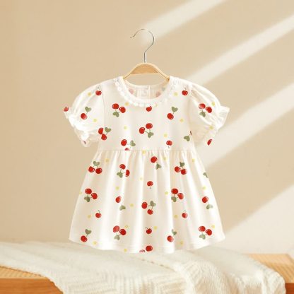 Toddler Baby Girls Print Puff Sleeve Summer Dress - White Cherry - 4-5T - image 5