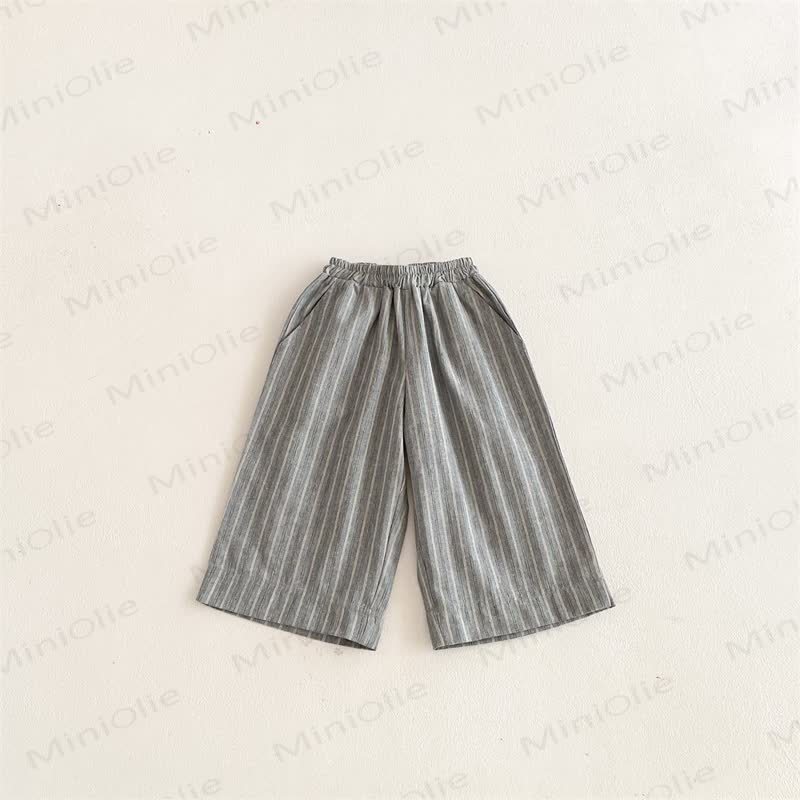 Baby Toddler Striped Linen Loose Pants - Grey Beige Double Stripe - 5-7T - image 5