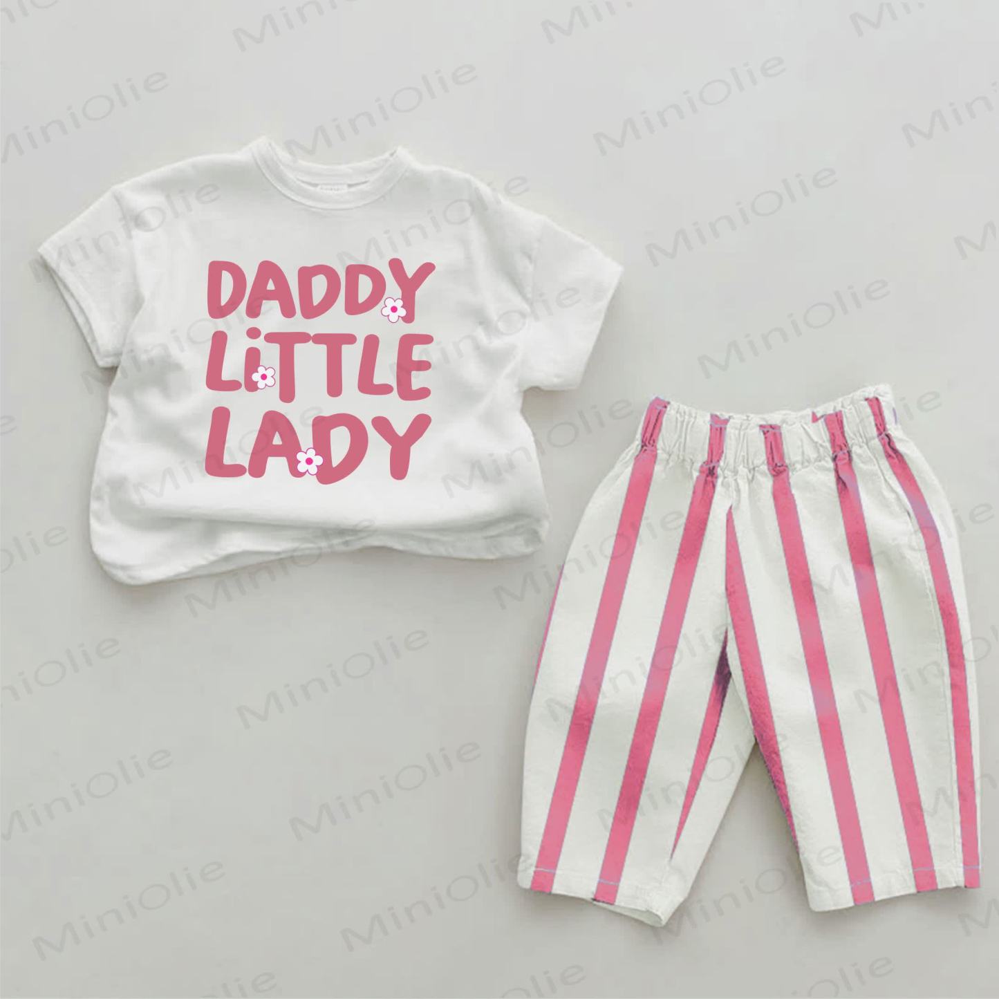 DADDY LITTLE LADY Baby Pink Daisy Print Vertical Striped 2-piece Set - White&Pink - 2-3T - image 1