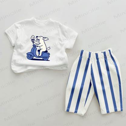 Baby Blue Dog Print Vertical Striped 2-piece Set - White&Blue - 2-3T - image 1