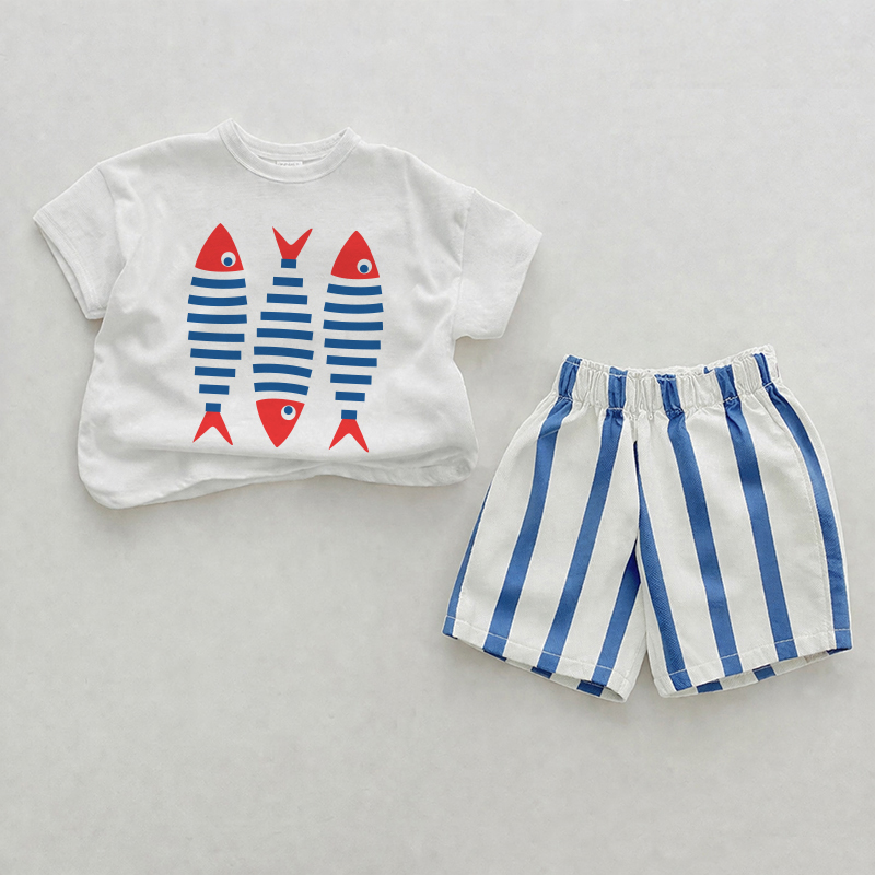 Baby Sardine Print Blue Vertical Striped 2-piece Shorts Set - White&Blue - 2-3T - image 1