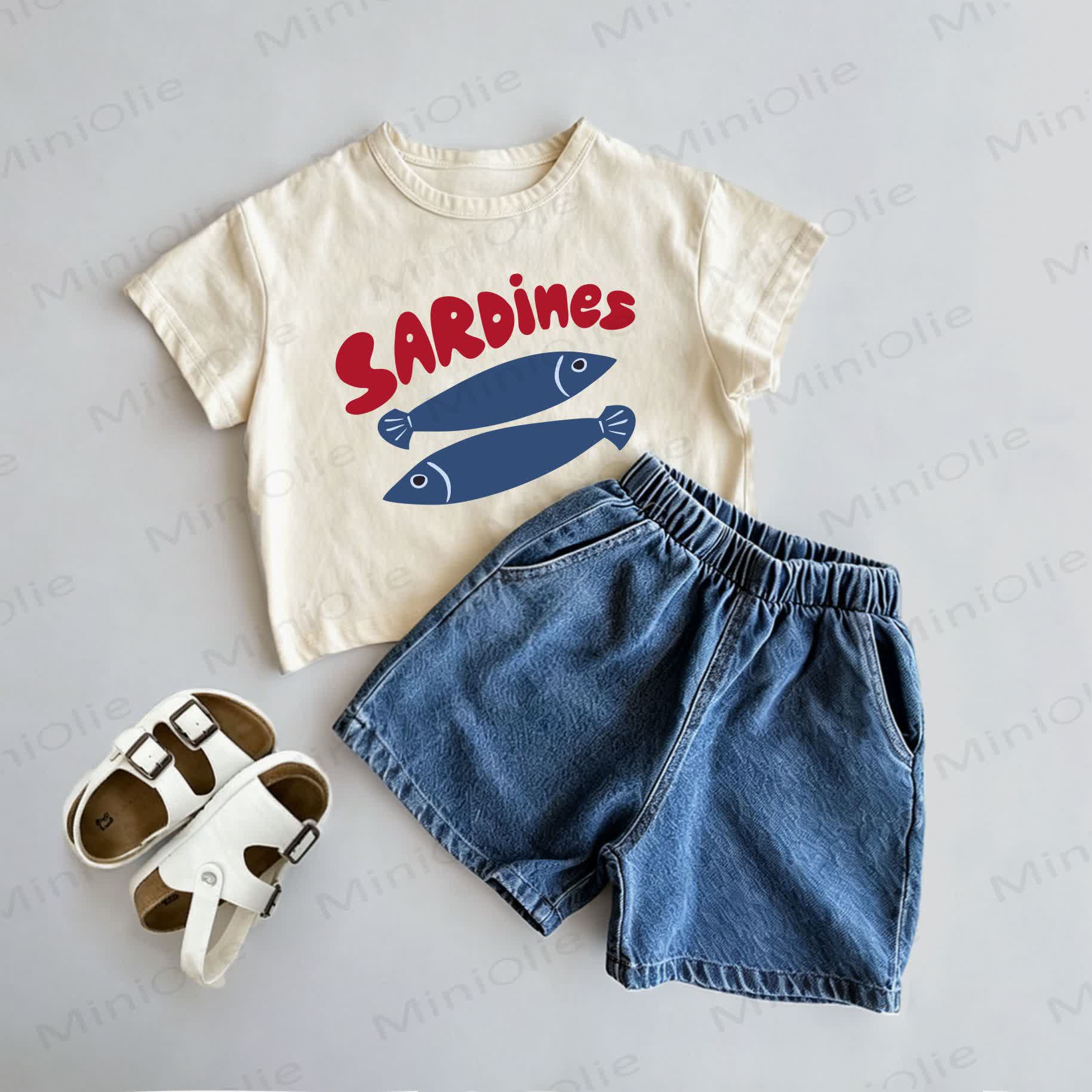 SARDINES Baby Toddler Sardines Print Tee and Denim Shorts 2-Piece Set - Beige - 3-5T - image 1