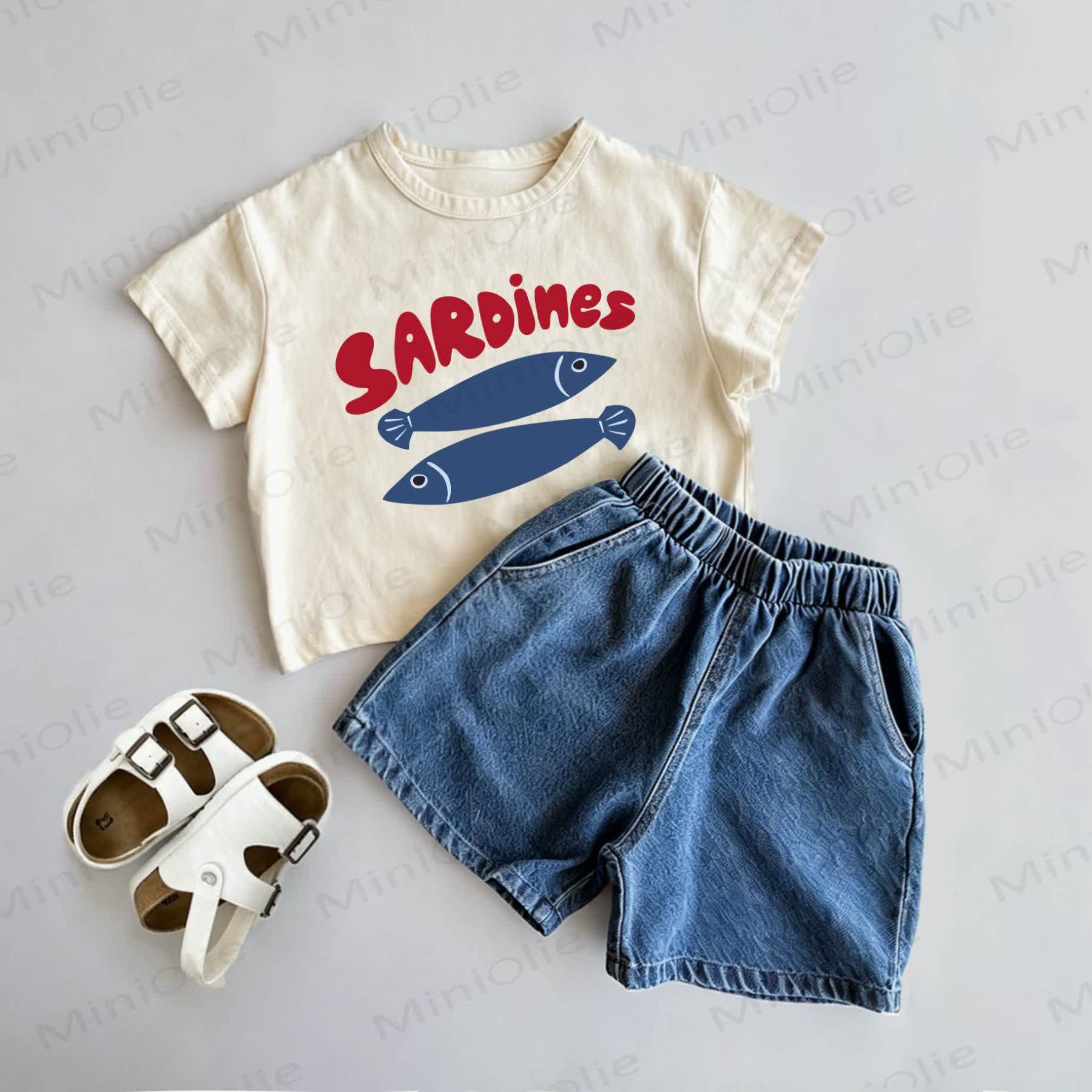 SARDINES Baby Toddler Sardines Print Tee and Denim Shorts 2-Piece Set - Beige - 3-5T - image 1