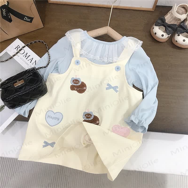 HAPPY Toddler Kid Girl Bow Plaid Love Cat Beige Dress & Blue Top - image 3