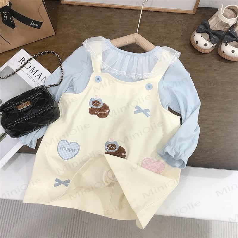 HAPPY Toddler Kid Girl Bow Plaid Love Cat Beige Dress & Blue Top - image 3