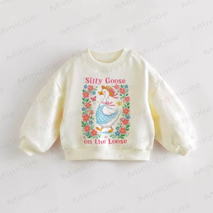 SILLY GOOSE ON THE LOOSE Baby Toddler Goose and Flowers Pattern Sweatshirt - Cream - 3-5T - image 1