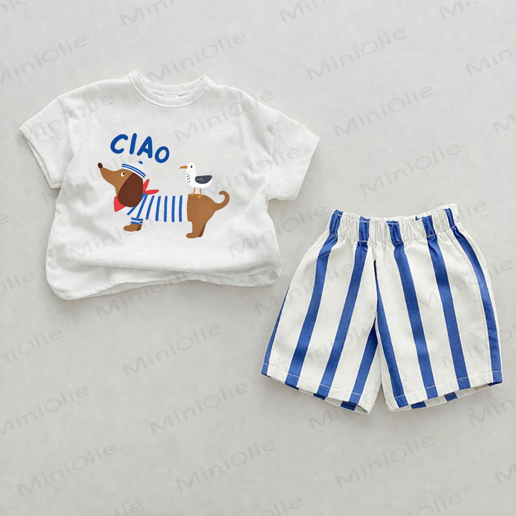 CIAO Baby Blue Dachshund Print Vertical Striped 2-piece Set - White&Blue - 2-3T - image 1