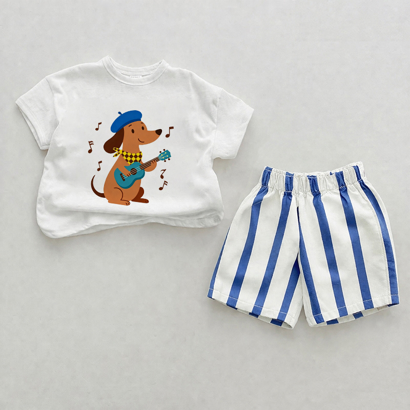 Baby Ukulele Dog Blue Vertical Striped 2-piece Shorts Set - White&Blue - 2-3T - image 1