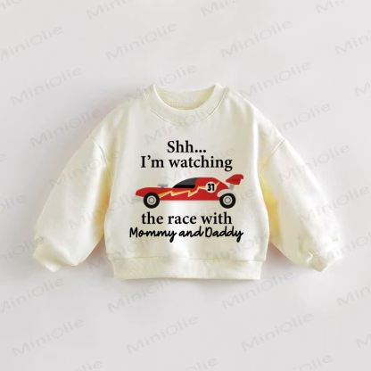 SHH…I'M WATCHING THE RACE WITH MOMMY AND DADDY Baby Toddler Race Car Cream Sweatshirt - Cream - 3-5T - image 1