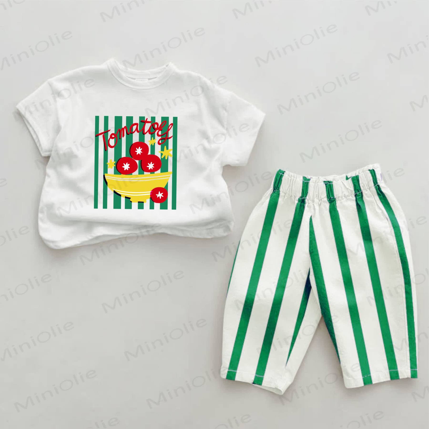 TOMATOES Baby Green Tomato Vertical Striped 2-piece Set - White&Green - 2-3T - image 1