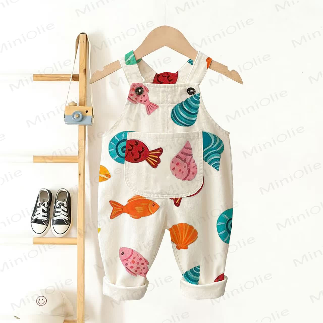 Baby Toddler Seashells Print Plaid Overalls - White - 3-5T - image 1