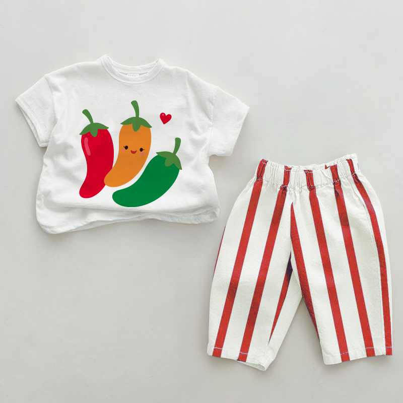 Baby Smiling Chili Red Vertical Striped 2-piece Set - White&Red - 2-3T - image 1