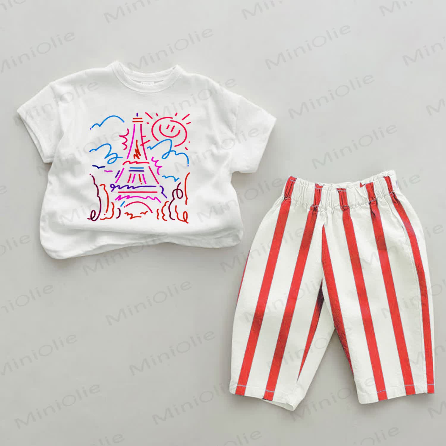 Baby Food Eiffel Tower Print Red Striped 2-piece Set - White&Red - 2-3T - image 1