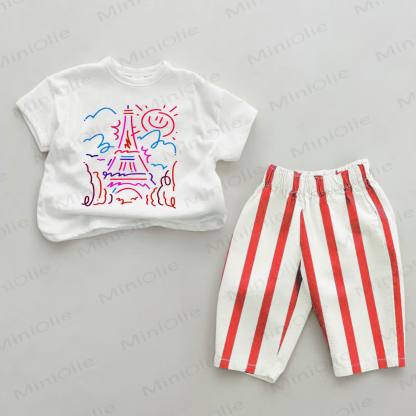 Baby Food Eiffel Tower Print Red Striped 2-piece Set - White&Red - 2-3T - image 1