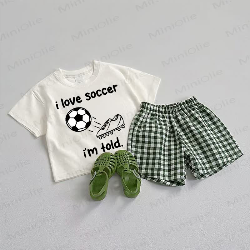 I LOVE SOCCER I'M TOLD. Baby Tee and Plaid Shorts 2-Piece Set - White&Green - 3-5T - image 1