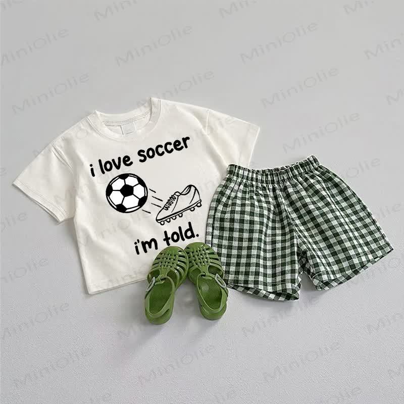 I LOVE SOCCER I'M TOLD. Baby Tee and Plaid Shorts 2-Piece Set - White&Green - 3-5T - image 1