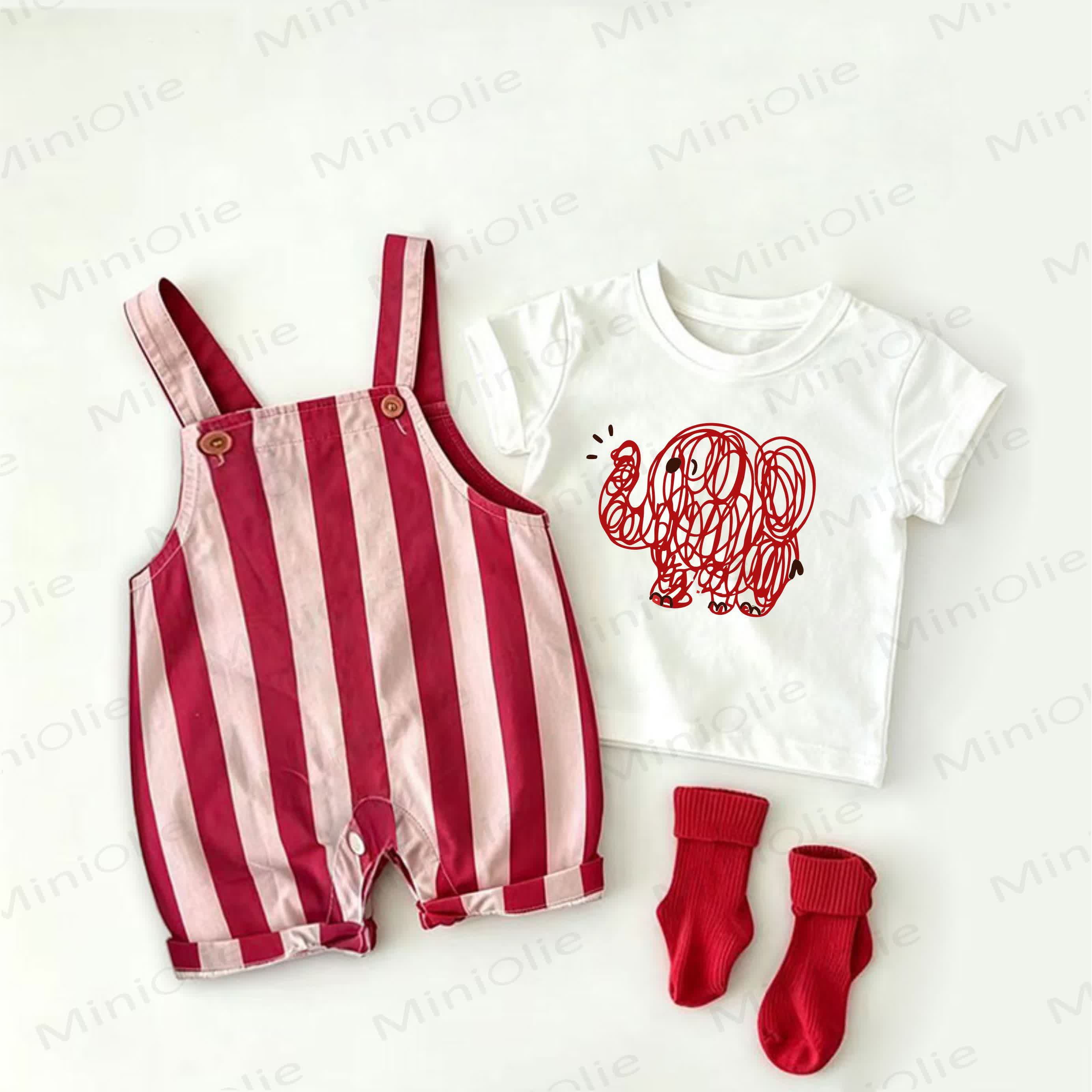 Baby Elephant Print Red Stripe Overalls and White Tee 2-piece Set - White&Red - 2-3T - image 1