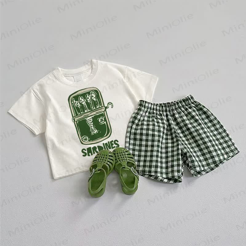 SARDINES Baby Tee and Plaid Shorts 2-Piece Set - White&Green - 3-5T - image 1