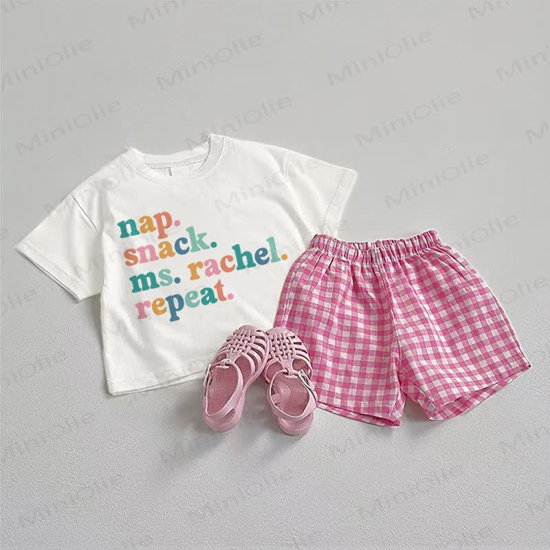NAP. SNACK. MS.RACHEL. REPEAT. Baby Tee and Plaid Shorts 2-Piece Set - White&Pink - 3-5T - image 1