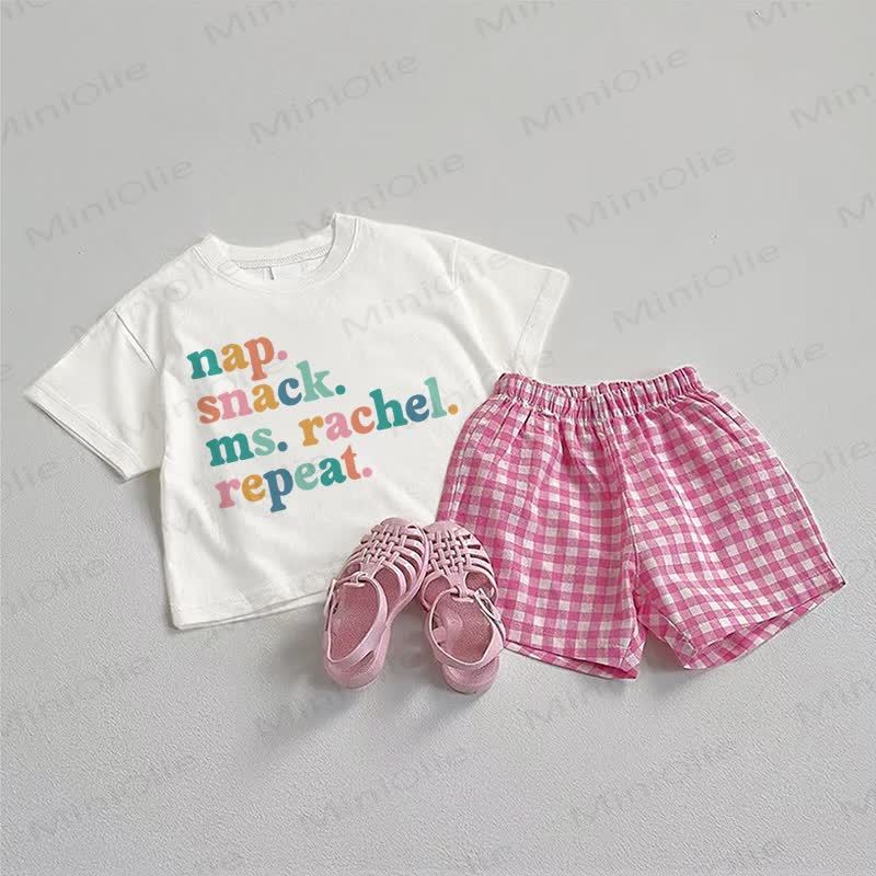 NAP. SNACK. MS.RACHEL. REPEAT. Baby Tee and Plaid Shorts 2-Piece Set - White&Pink - 3-5T - image 1