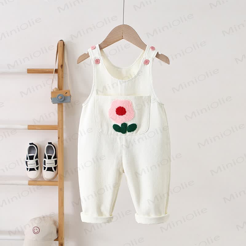 Toddler Embroidered Flower Pocket Denim Overalls - White - 5-7T - image 16