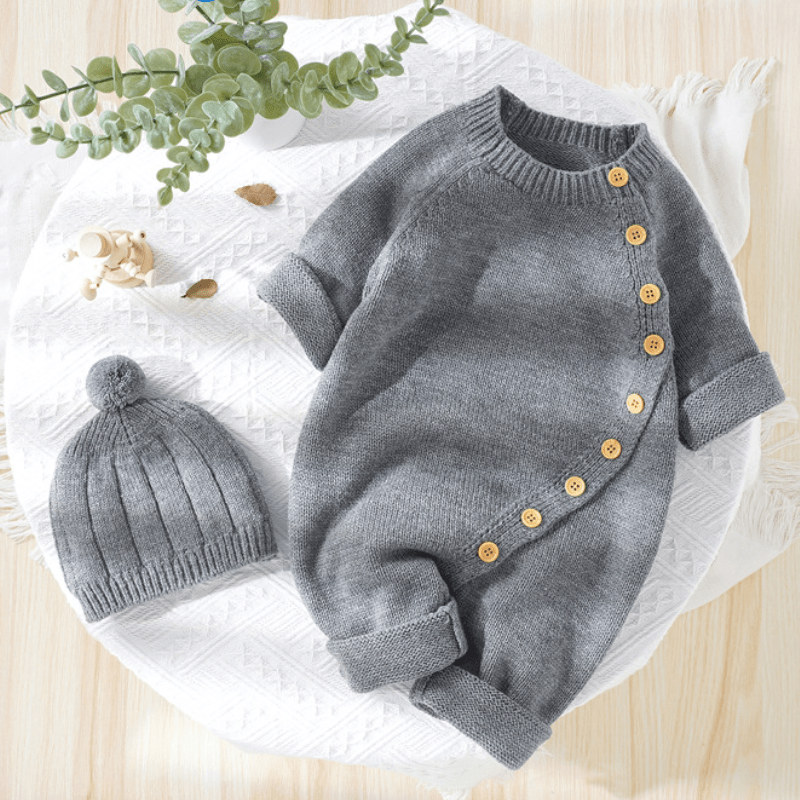 Baby Solid Color Knit Romper with Hat - image 18