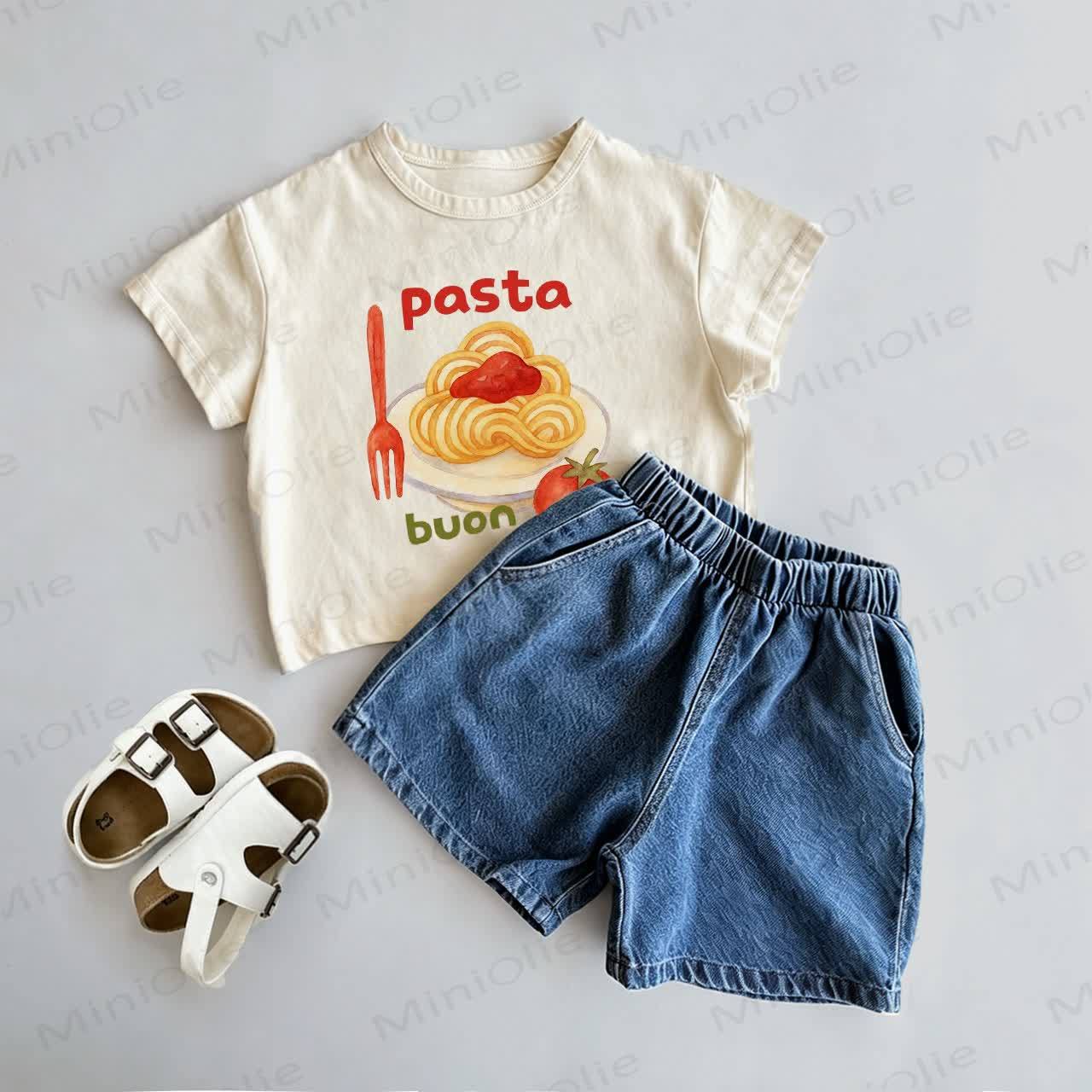 PASTA BUON Baby Toddler Pasta Print Tee and Denim Shorts 2-Piece Set - Beige - 3-5T - image 1