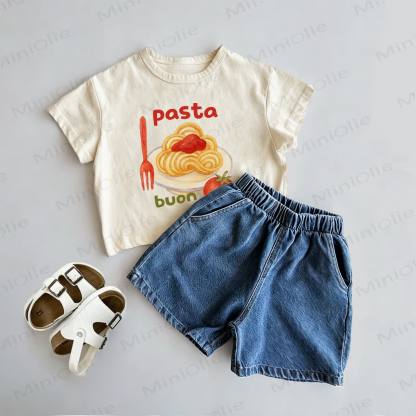 PASTA BUON Baby Toddler Pasta Print Tee and Denim Shorts 2-Piece Set - Beige - 3-5T - image 1