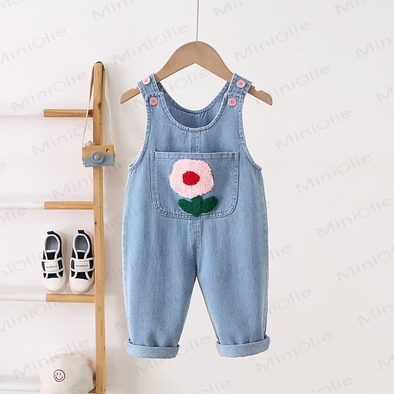 Toddler Embroidered Flower Pocket Denim Overalls - Blue - 5-7T - image 2