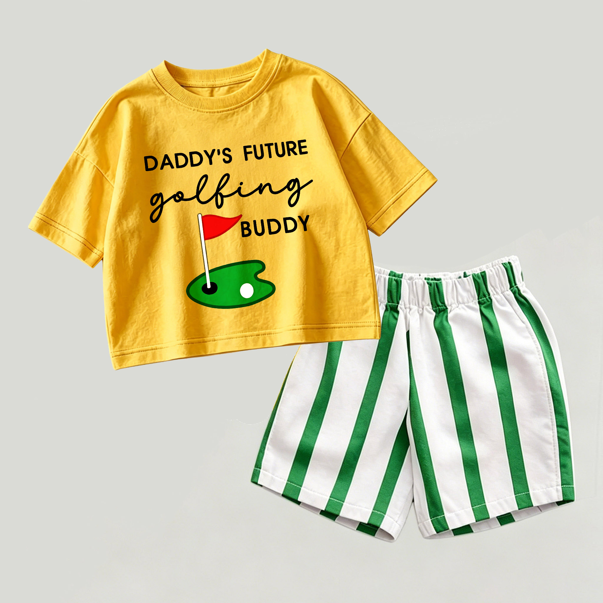 DADDY'S FUTURE GOLFING BUDDY Baby Yellow&Green Top and Striped Shorts 2-piece Set - Yellow&Green - 2-3T - image 1