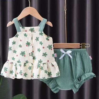 Baby Girls Floral Gauze Tank Top and Shorts 2-piece Set - Green - 2-3T - image 3