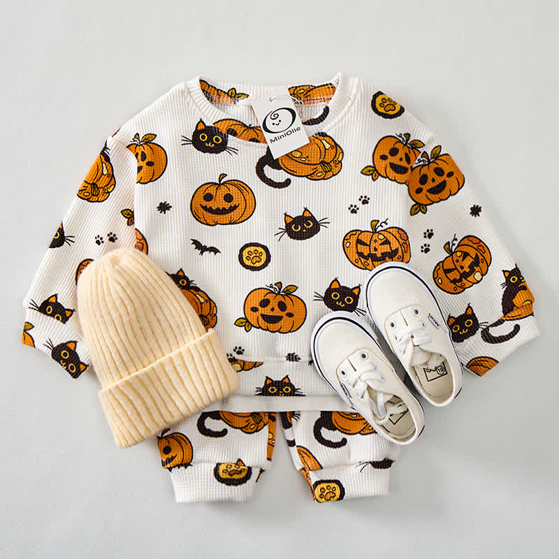 Baby Black Cat Pumpkin Bat Print Waffle 2-piece Set - image 8