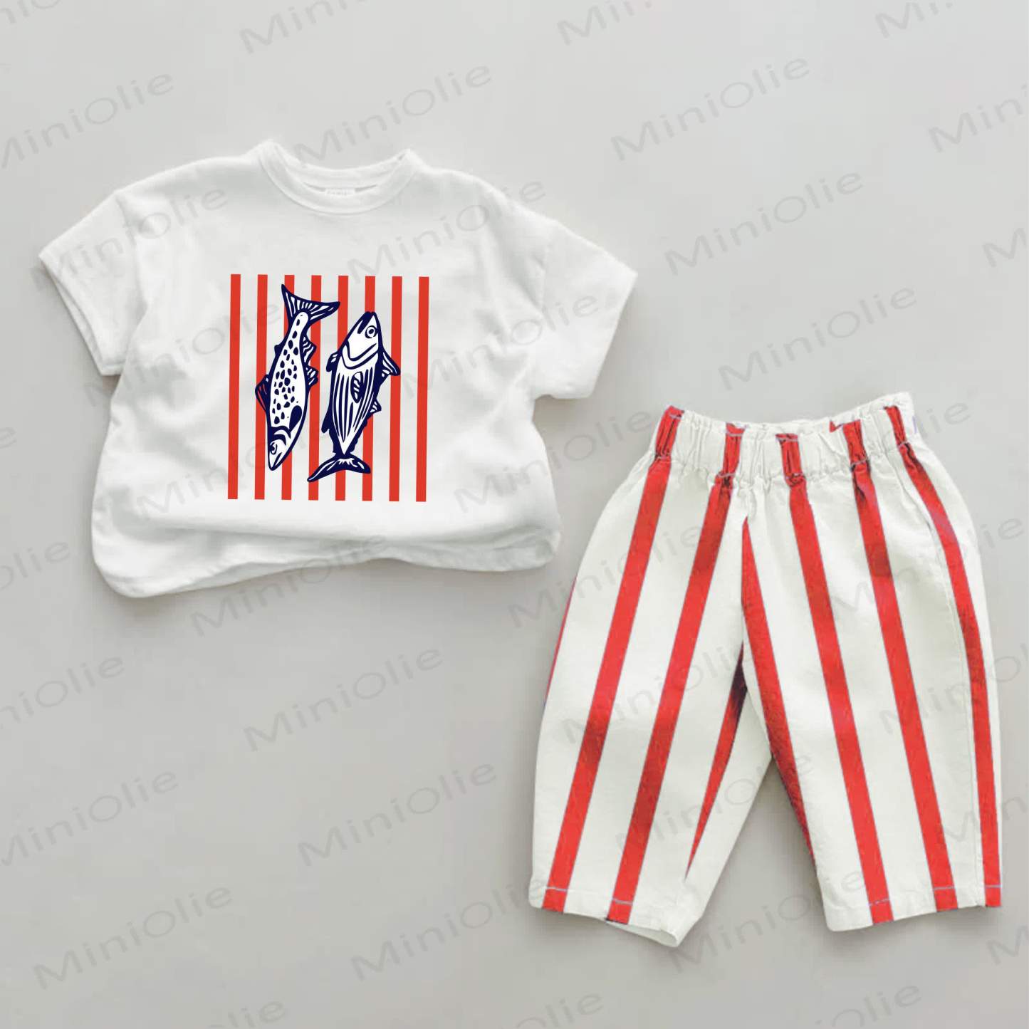 Baby Fish Print Red Striped 2-piece Set - White&Red - 2-3T - image 1