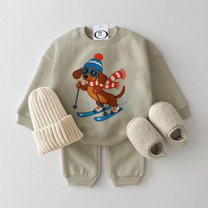 Baby Skiing Dachshund Sweatshirt 2-piece Set - Grey Green - 2-3T - image 3