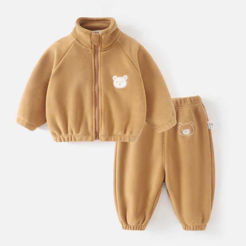 Toddler Baby Bear Patch Fleece Zip Up 2-piece Set - Brown - 4-5T - image 6
