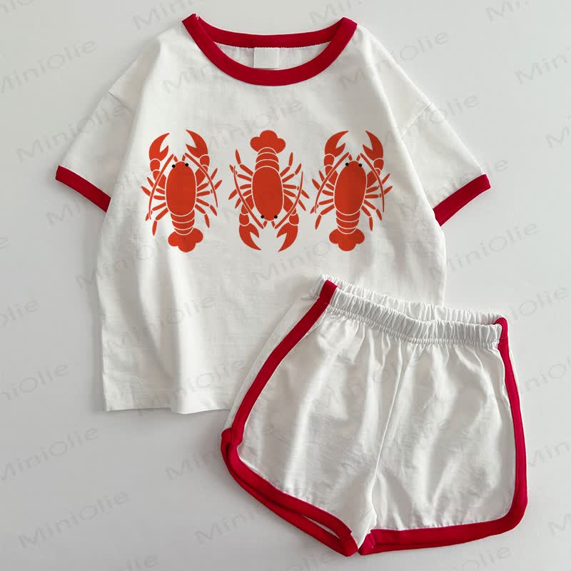 Baby Crayfish Print T-shirt and Shorts 2-Piece Set - White&Red - 3-5T - image 1