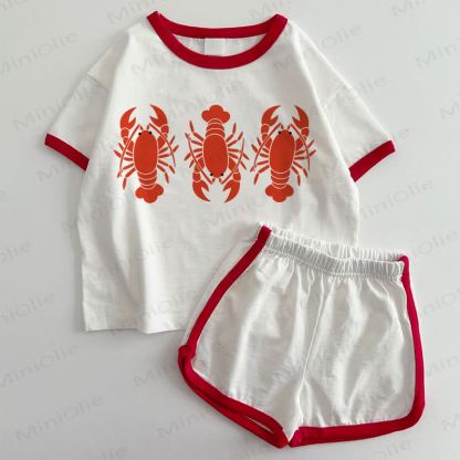 Baby Crayfish Print T-shirt and Shorts 2-Piece Set - White&Red - 3-5T - image 1