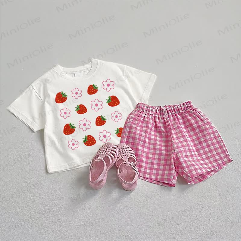 Baby Strawberry Flower Tee and Plaid Shorts 2-Piece Set - White&Pink - 3-5T - image 1