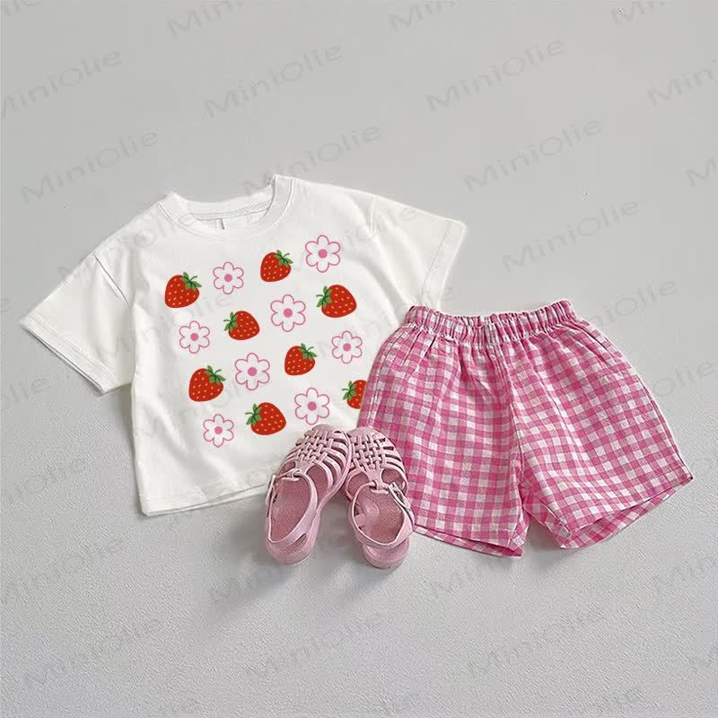 Baby Strawberry Flower Tee and Plaid Shorts 2-Piece Set - White&Pink - 3-5T - image 1