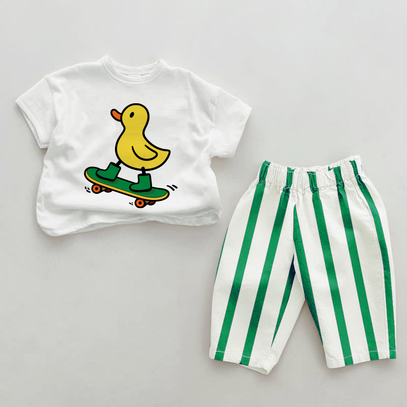 Baby Skateboarding Duck Green Vertical Striped 2-piece Set - White&Green - 2-3T - image 1