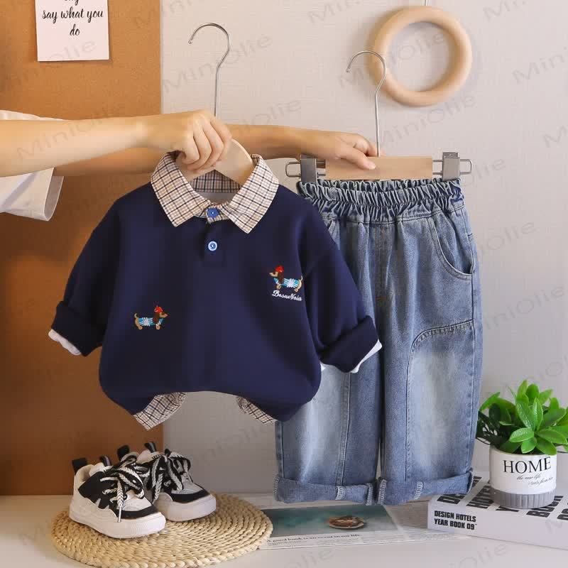 Baby Toddler Dog Plaid Collar 2-piece Set - Navy Blue - 3-5T - image 4