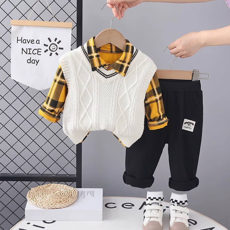 Toddler Boy Vintage Animal/Smiley Face Set - Yellow Plaid 3-piece Set - 4-5T - image 24